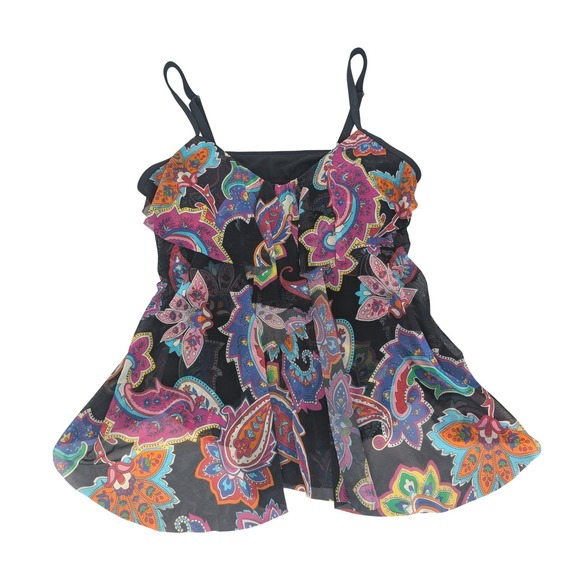 Mazu Swim Other - Mazu Swim Tankini Top L Black Paisley Mesh Tiered Babydoll Ruffle Boho Beachy